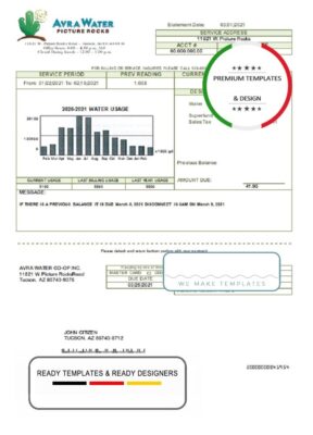 USA Arizona Avra Water utility bill template in Word and PDF format