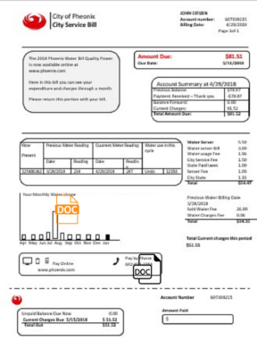 USA Arizona City of Phoenix utility bill template in Word and PDF format