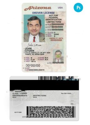 USA Arizona state vertical driving license editable PSD template, under 21