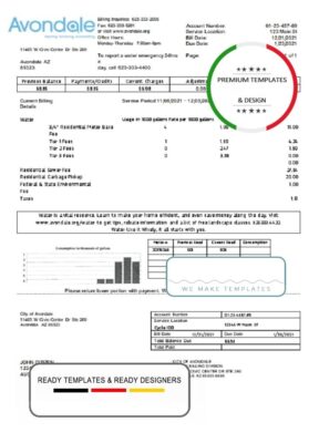 USA Arizona The City of Avondale Water utility bill template in Word and PDF format