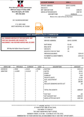 USA Arkansas West Memphis utility bill template in Word and PDF format