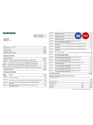 USA Austin Bank statement template in Word and PDF format, 2 pages