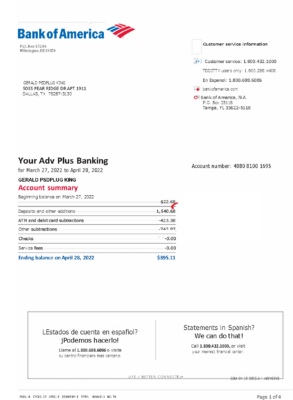 USA Bank of America Advantage Plus Bank Account Statement Template in Word & PDF formats – 4 pages