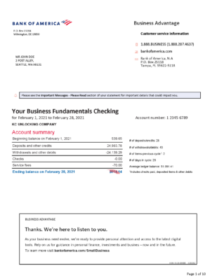 USA Bank of America Business Fundamentals/Advantage Checking Account Statement Template in Word & PDF formats – 10 pages