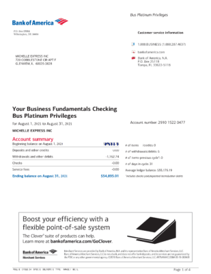 USA Bank of America Business Platinum Privileges/ Business Fundamentals Checking Account Statement Template in Word & PDF formats – 4 pages