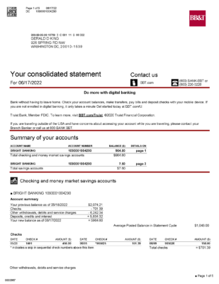 USA BB&T Bright Banking and ESavings Account Statement Template in Word & PDF formats – 5 pages