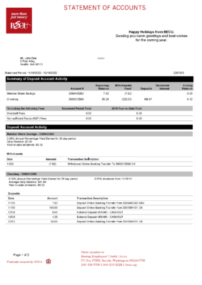 USA BECU Bank Account Statement Template in Word & PDF formats – 2 pages