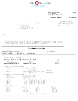 USA BMO Harris Bank Account Statement Template in Word & PDF formats – 4 pages