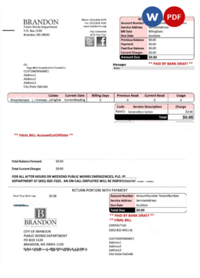 USA BRANDON MISSISSIPPI utility bill Word and PDF template