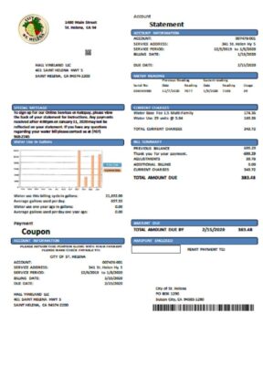 USA California City of St Helena utility bill template in Word and PDF format