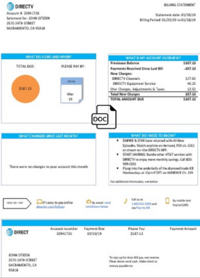 USA California Directv utility bill template in Word and PDF format, good for address prove