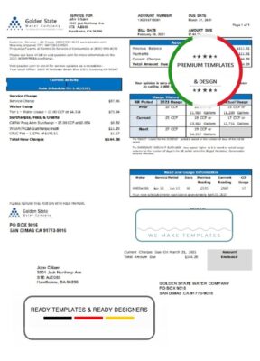 USA California Golden State Water Company utility bill template in .doc and .pdf format