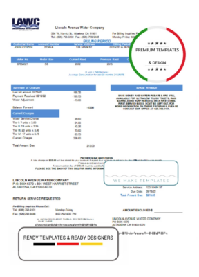 USA California Lincoln Avenue Water Company utility bill template in Word and PDF format