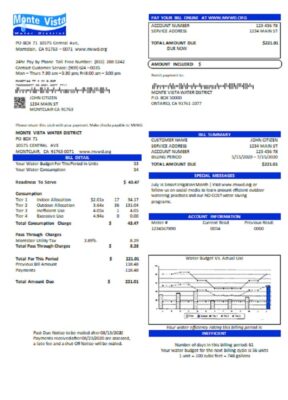 USA California Monte Vista Water District utility bill template in Word and PDF format