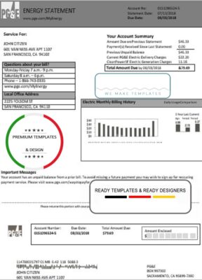 USA California PG&E electricity utility bill template in Word and PDF format