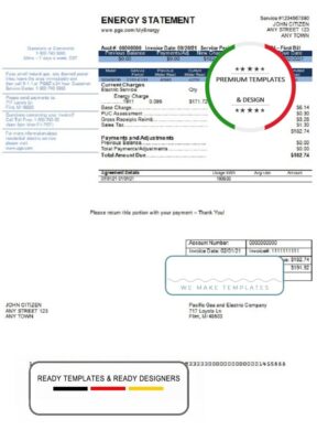 USA California PG&E (Pacific Gas and Electric Company) utility bill template in Word and PDF format, version 2