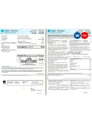 USA California PG&E (Pacific Gas and Electric Company) utility bill, Word and PDF template, 6 pages