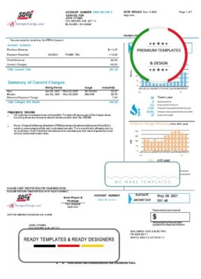 USA California San Diego Gas & Electric (SDG&E) utility bill template in Word and PDF format