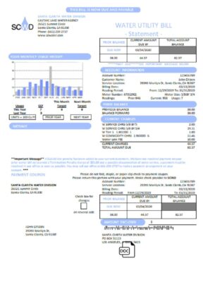 USA California Santa Clarita Water Division (SCWD) utility bill template in Word and PDF format