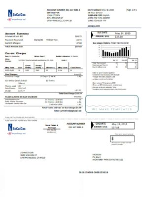 USA California SoCal Gas utility bill template in Word and PDF format