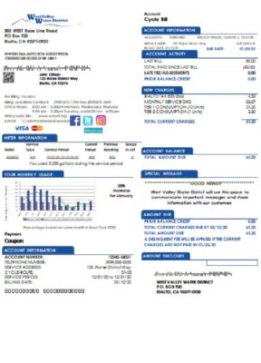 USA California West Valley Water District utility bill template in Word and PDF format