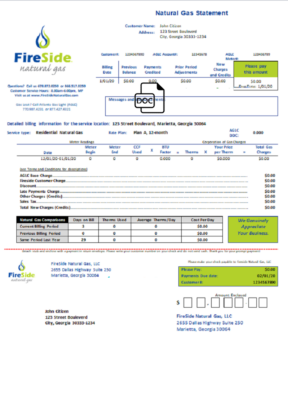 USA California’s FireSide natural gas utility bill template in Word and PDF format