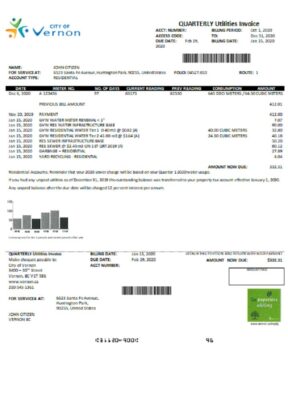 USA Canada City of Vernon water utility bill template in Word and PDF format