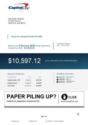 USA Capital One bank statement Word and PDF template, 4 pages