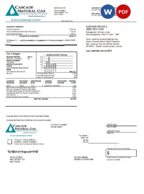 USA Cascade Natural Gas utility bill, Word and PDF template