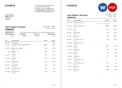 USA Chase bank account statement Word and PDF template, 6 pages