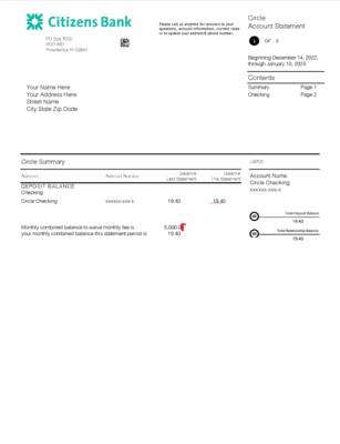 USA Citizens Bank Account Statement Template in Word & PDF formats – 3 pages