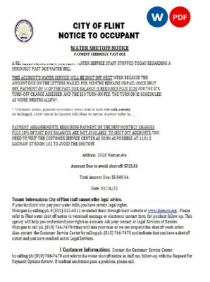 USA City of Flint Michigan Notice to occupant water utility bill shutoff notice Word and PDF template