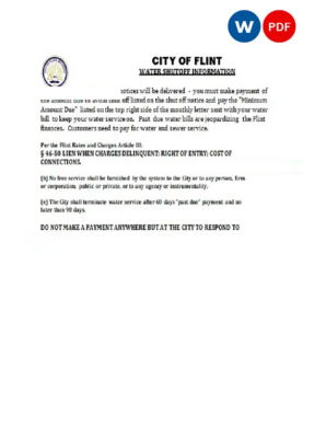 USA City of Flint Michigan water utility bill shutoff notice, Word and PDF template, version 2