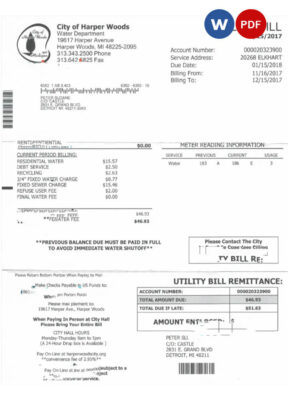 USA CITY OF HARPER WOODS utility bill Word and PDF template