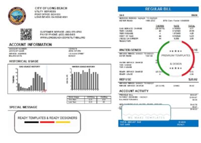 USA City of Long Beach utility bill template in Word and PDF format