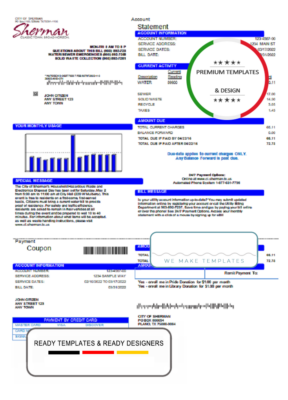 USA City of Sherman utility bill template in Word and PDF format