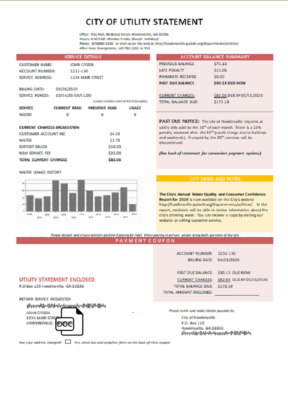 USA City of Utility Statement water utility bill template in Word and PDF format