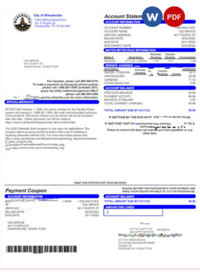 USA CITY OF WAXAHACHIE utility bill Word and PDF template