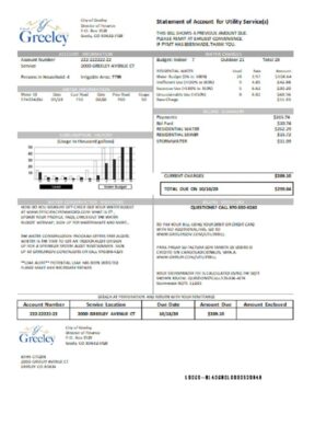 USA Colorado City of Greeley water utility bill template in Word and PDF format