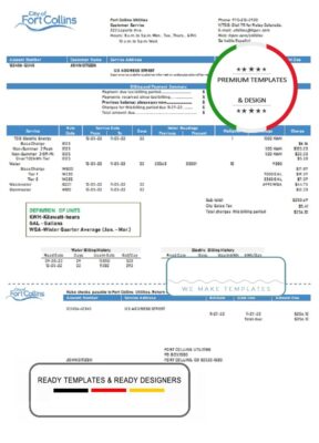 USA Colorado Fort Collins Utilities utility bill template in Word and PDF format