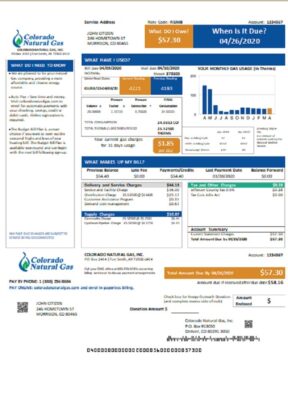 USA Colorado Natural Gas utility bill template in Word and PDF format