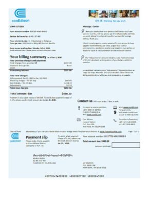 USA Con Edison electricity utility bill template in Word and PDF format