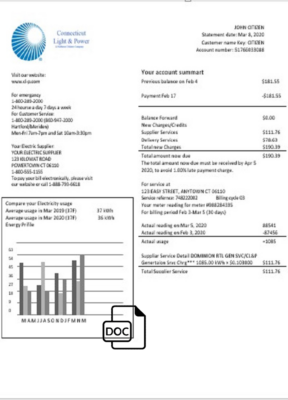 USA Connecticut Light & Power electricity utility bill in Word and PDF format