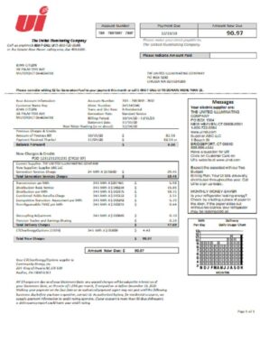 USA Connecticut The United Illuminating Company electricity utility bill template in Word and PDF format