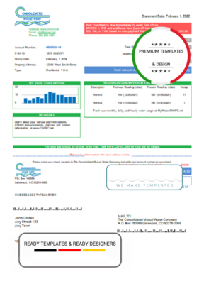 USA Consolidated Mutual Water utility bill template in Word and PDF format