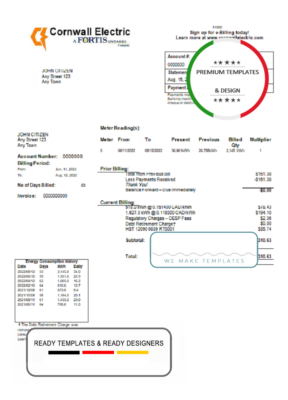 USA Cornwall Electric utility bill template in Word and PDF format