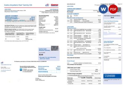 USA Costco Anywhere Visa Card by Citi bank statement, Word and PDF template, 4 pages