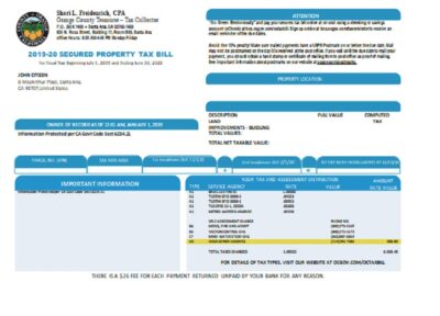 USA County of Orange California property tax bill template in Word and PDF format