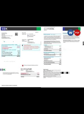 USA COX digital cable television utility bill, Word and PDF template, 2 pages