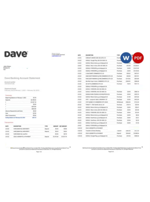 USA Dave bank account statement, Word and PDF template, 5 pages